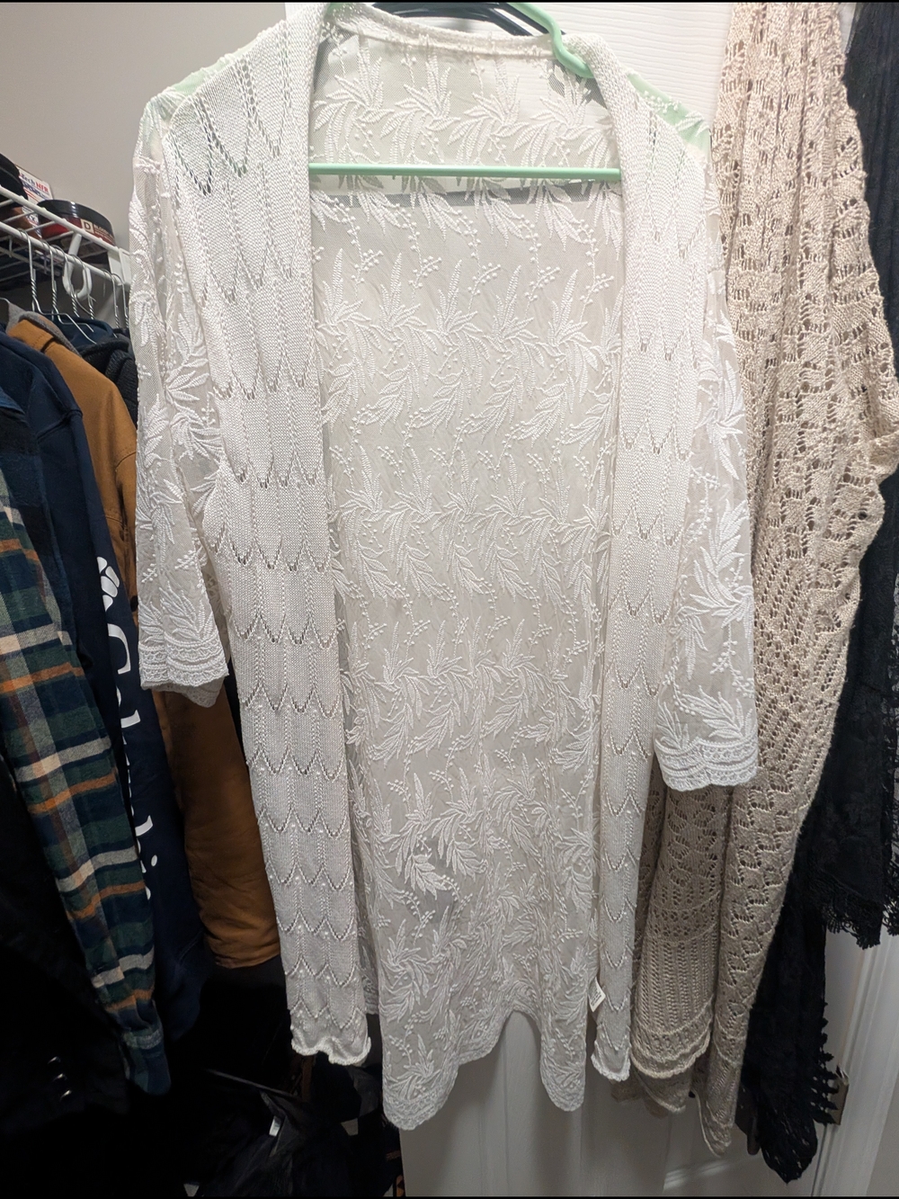 SHEIN Ivory Lace Open-Front Knit Cardigan